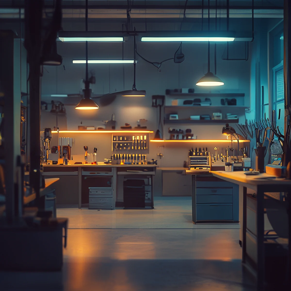 Modern professional workshop with cordless tool charging stations in cool evening light