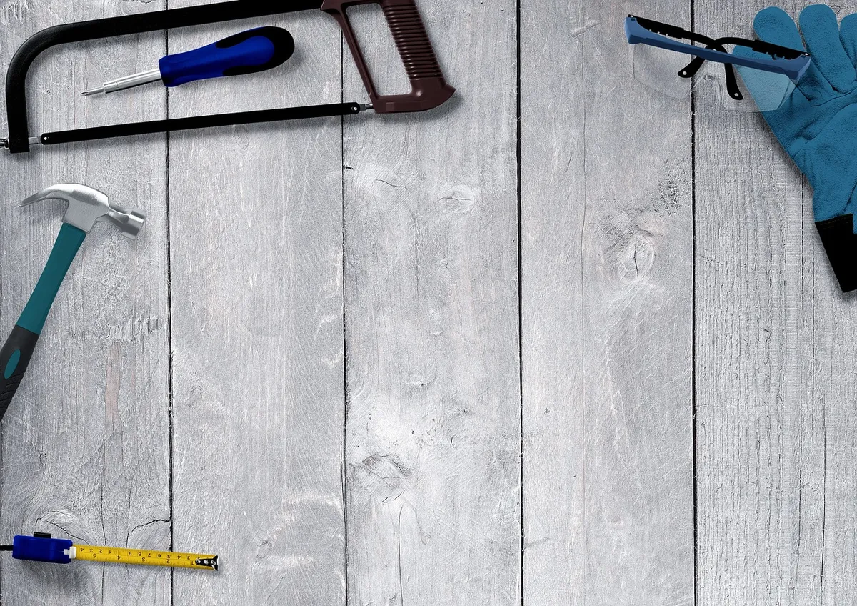 tool, table, background image, handyman, craft, screwdriver, hammer, safety goggles, glove, gloves, work glove, working gloves, wood, saw, measuring tape, foldi