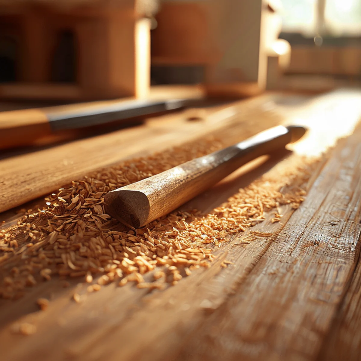 trucioli di legno su un banco da lavoro