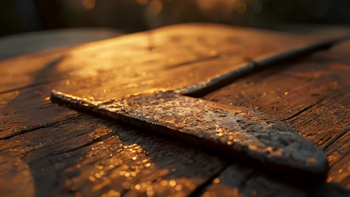 A dull, rusted, metallic spade with a rough, scratched surface, resting on a plain wooden table, under golden hour light, shallow depth of field, photorealistic, sharp focus, high detail