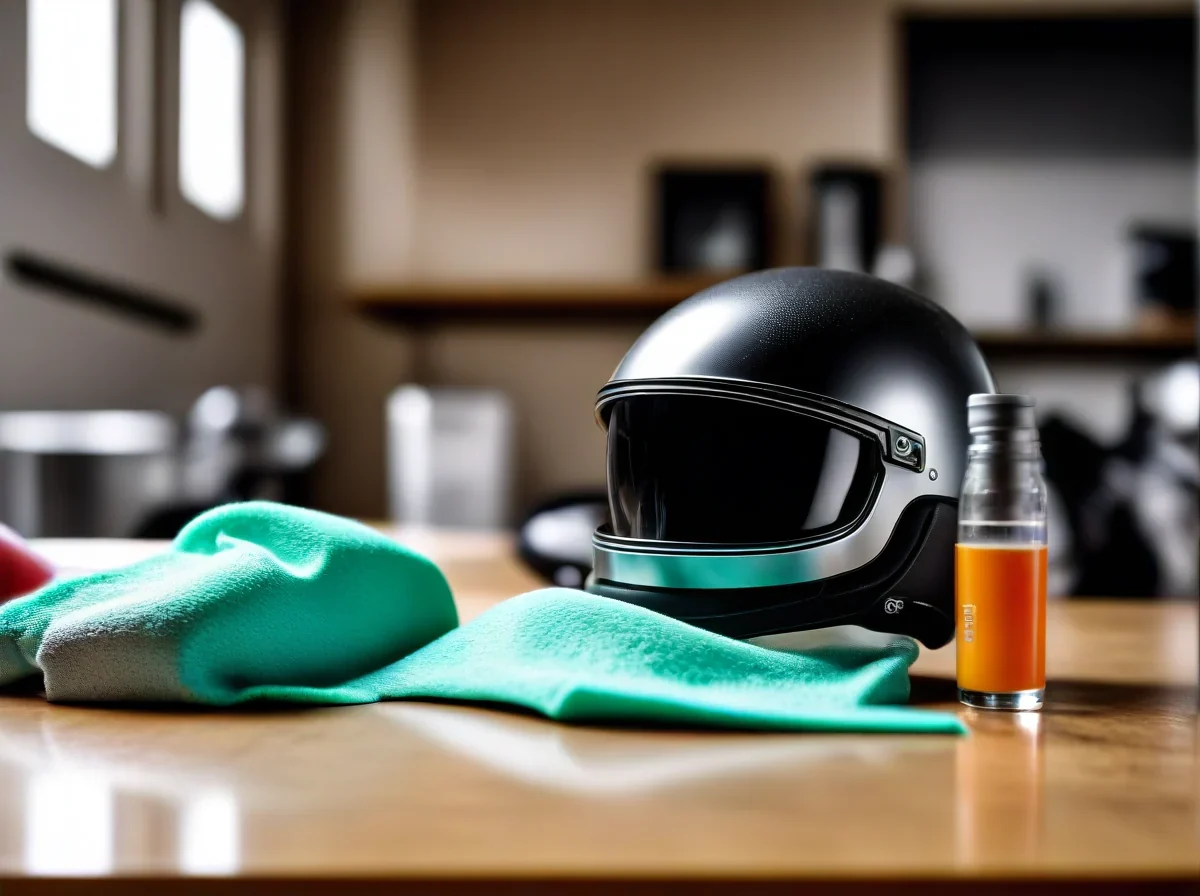 Chiffon microfibre et flacon pulvérisateur à côté d'une visière de casque