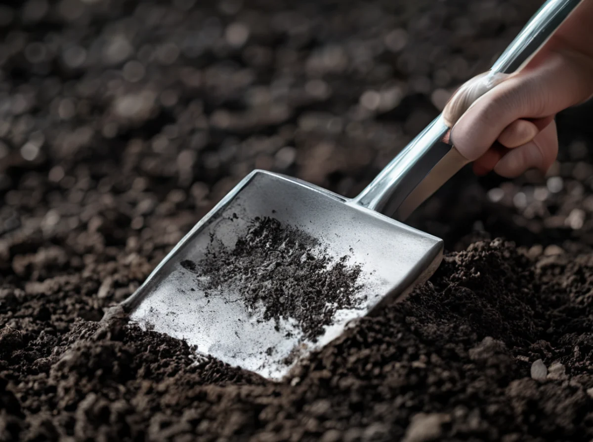Een tuinzaag gebruikt in donkere grond, toont het tool en de textuur van de grond.