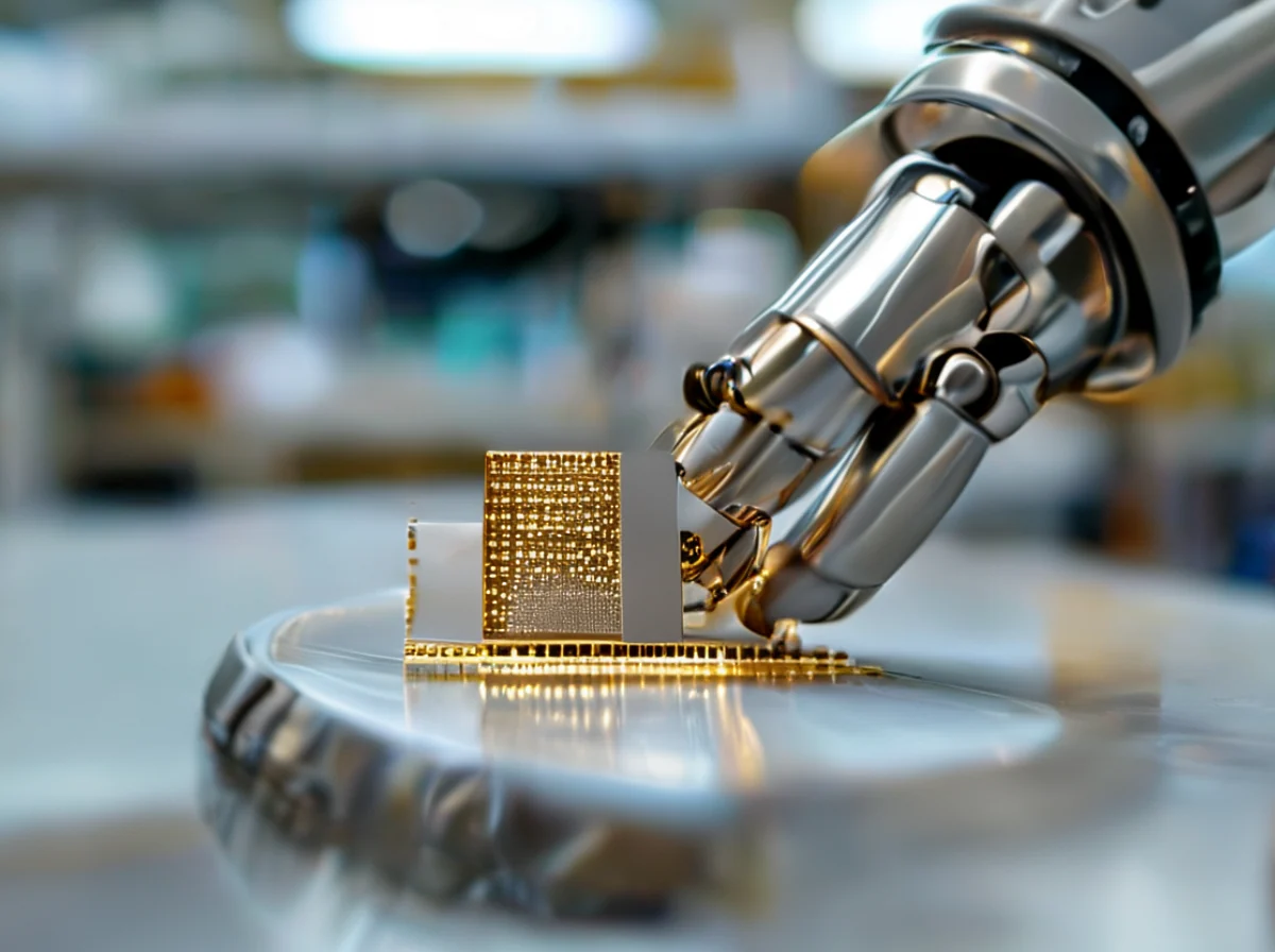 Een robotarm houdt een computerchip met precisie vast.